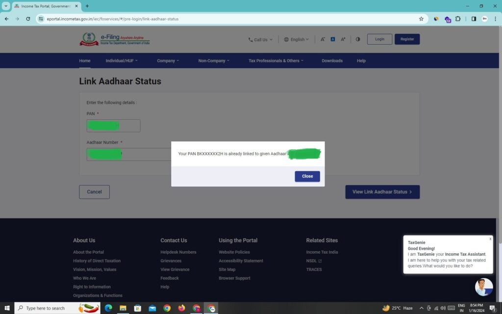 pan aadhar link status check 