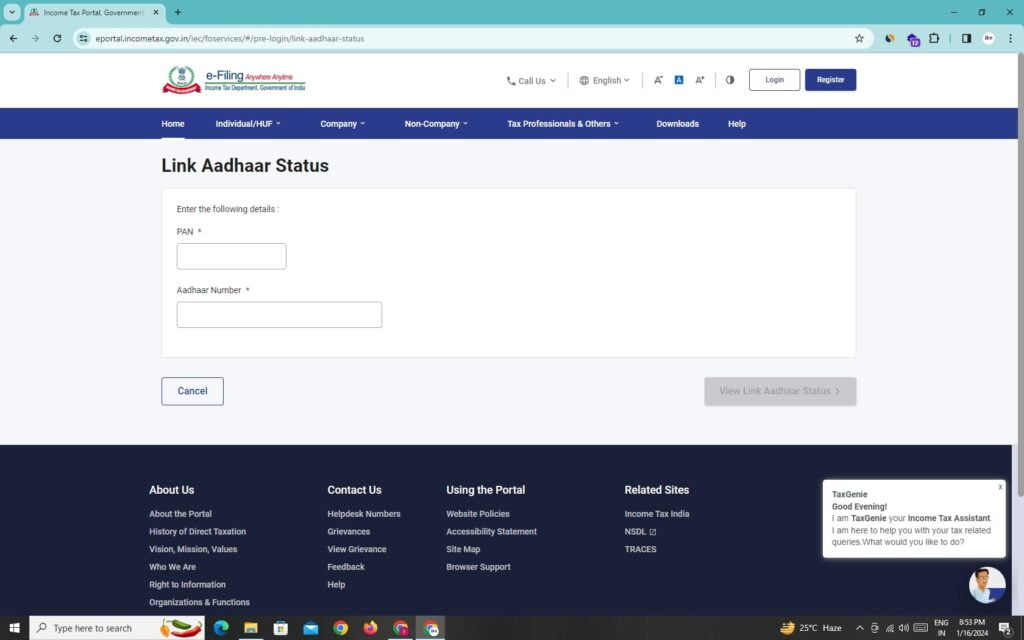 pan aadhar link status check 