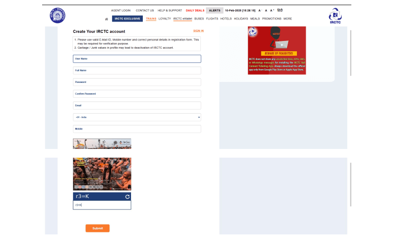 irctc account creation